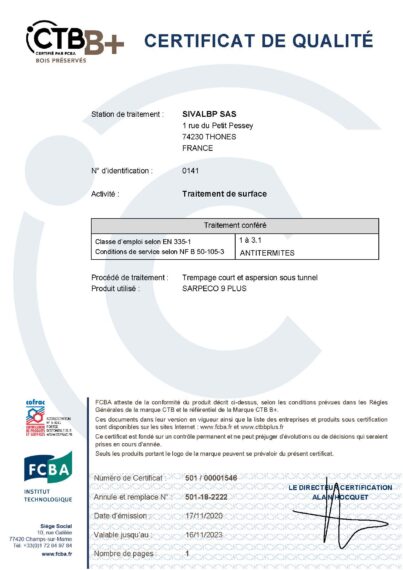 Certificat SIVALBP CTB B+ - SARPECO 9+ - 2020-2023